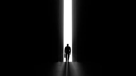3d render walking man with a case to the opening gate with clearance Stock Illustration