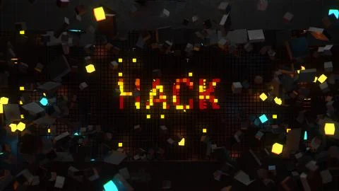 3d render of wall that breaks and show word connected with technology theme.  Illustrazione stock