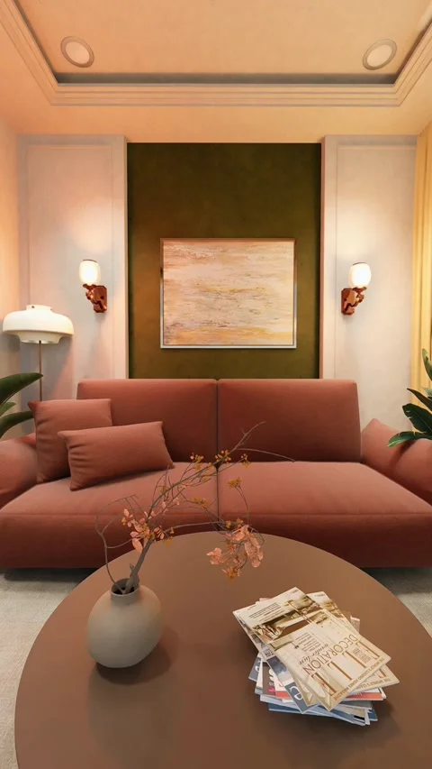 3D Render of Warm Minimalist Living Room in Earthy Neutral Tones Stock Footage 342021950