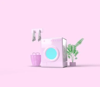 3d render. Washing machine, next to a laundry basket and indoor plant. Washi 스톡 사진