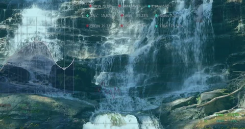 3D render waterfall cascading over mossy rocks, showing translucent data charts Stock Footage 307463894
