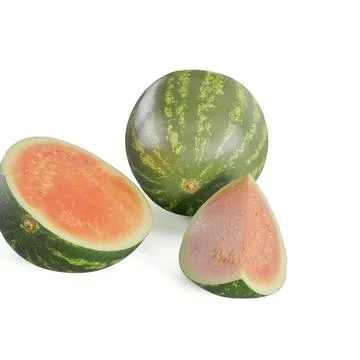 3D render of a watermelon and two halved watermelons on a white background Stock Photos