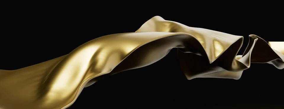 3d render wave Gold silk draped fabric on isolated black background. Smooth eleg Stock Illustration