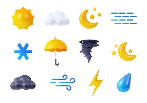 3D render weather icons set, sun, clouds, crescent Illustrazione stock