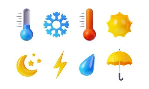 3d render weather icons set, sun , snowflake, drop Stock Illustration
