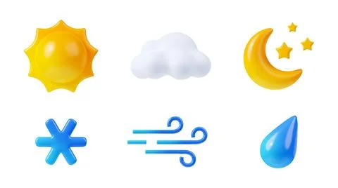 3D render weather icons set, sun, cloud, moon 스톡 일러스트