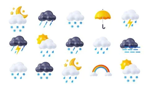 3d render weather icons set, day or night elements 스톡 일러스트