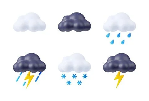 3d render weather icons, white and black clouds Stock Illustration