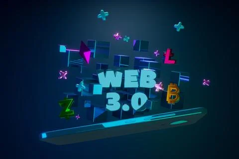 3d render. WEB 3.0 concept. Blockchain cubes and crypto signs fly out of th.. 스톡 일러스트