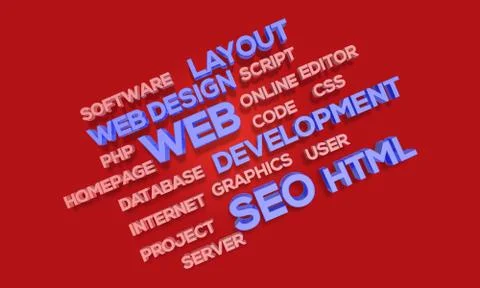 3d render webdesign word cloud Concept of web designing Illustrazione stock
