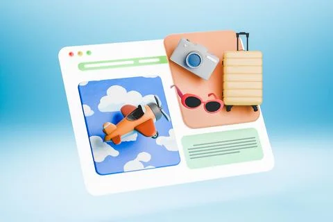 3D render of website displaying travel essentials and plane Stock Illustration