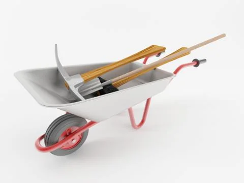 3d render of a wheelbarrow with tools Ilustração Stock
