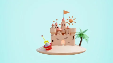 3D render of a whimsical sandcastle on a floating island, featuring a palm .. Stock Footage 314722970