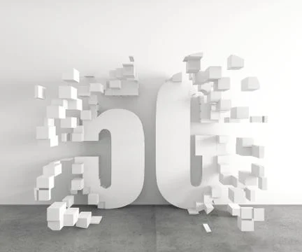 3D render of white 5G symbol consisting of abstract cubes on the floor Illustrazione stock