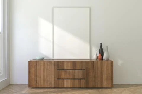 3D Render of White A4 Frame Mockup on Light Interior Wall Stock Illustration