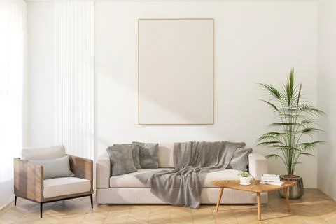 3D Render of White A4 Frame Mockup on Light Interior Wall Illustrazione stock