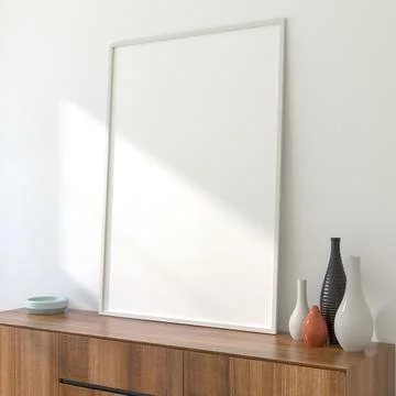 3D Render of White A4 Frame Mockup on Light Interior Wall Stock Illustration