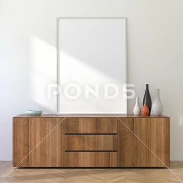 3D Render of White A4 Frame Mockup on Light Interior Wall Ilustração Stock