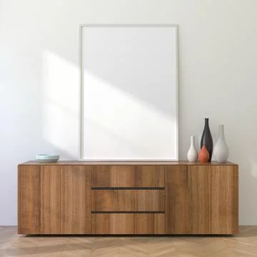 3D Render of White A4 Frame Mockup on Light Interior Wall Stock Illustration