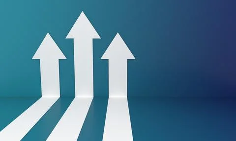 A 3D render of white arrows rising on the blue wall, growth chart or graph in Illustrazione stock