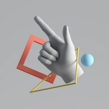 3d render white artificial hand, geometric objects levitating. Stock Illustration