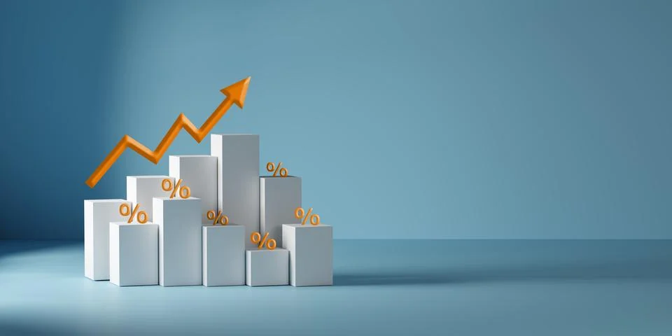 3D render of white bar graph with orange upward arrow and percentage signs .. Stock Photos
