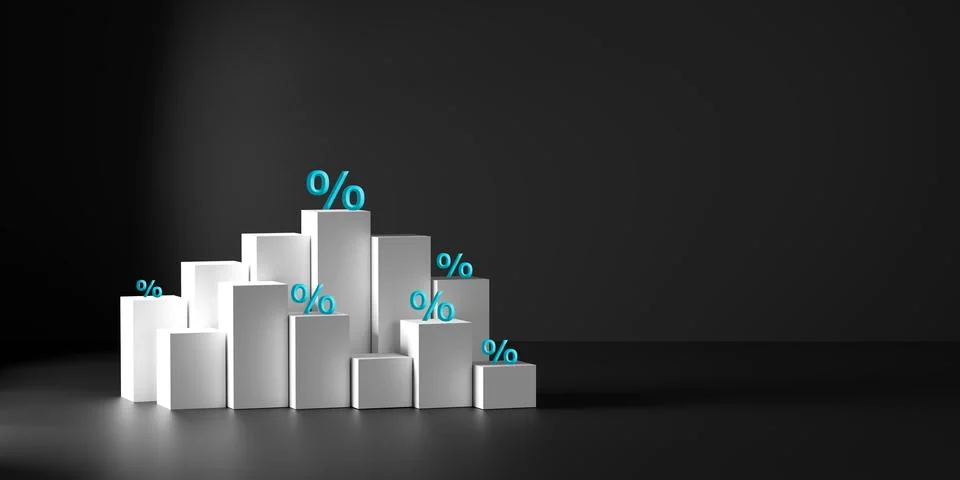 3D render of white bar graph with blue percentage signs on dark background,.. Stock Photos