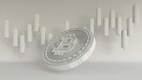 3D Render White Bitcoin and Candle stick background for Cryptocurrency for .. Stock Illustration