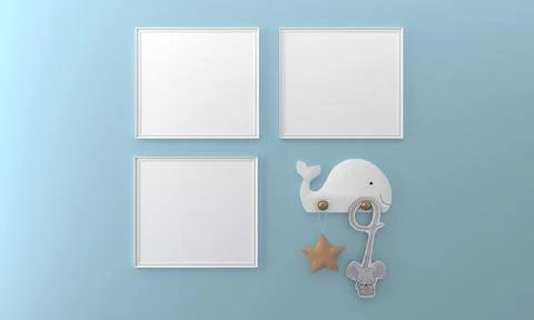3D render of white blank photo frames in a blue children's room Illustrazione stock