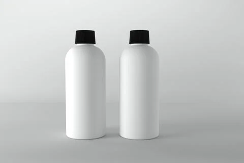 3d render of white bottles with black caps isolated on white background Stock Illustration