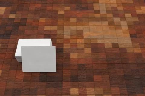 3d render of white business card stack mockup on checkered pattern matte wooden Stock Illustration
