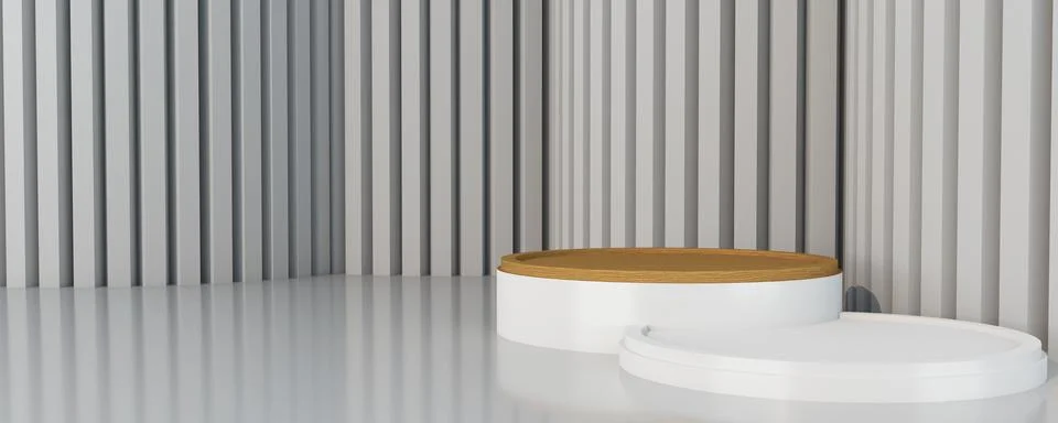 3D render for white circle background and wood stand mockup. Stock Illustration