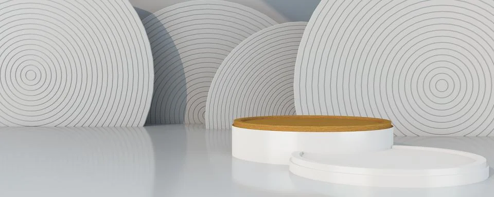 3D render for white circle background and wood stand mockup. 库存照片