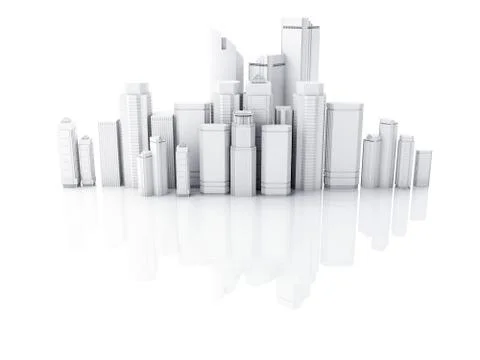 3d render of white city isolated on mirror background Stock Illustration