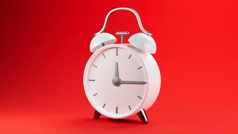 3D render white clock with alarm clock on red background Illustrazione stock
