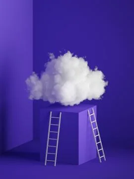 3d render, white cloud levitating above the cube pedestal, square podium Stock Illustration