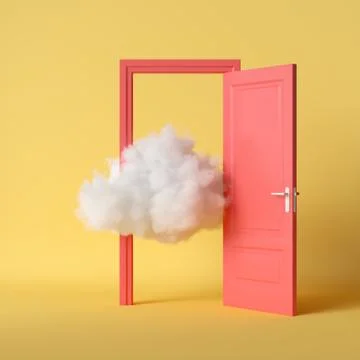 3d render, white cloud, open red door, objects 스톡 일러스트