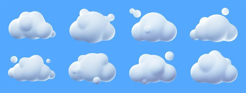 3d render white clouds, fluffy spindrift eddies Illustrazione stock