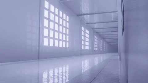 3d render white corridor with bright windows Stock Illustration