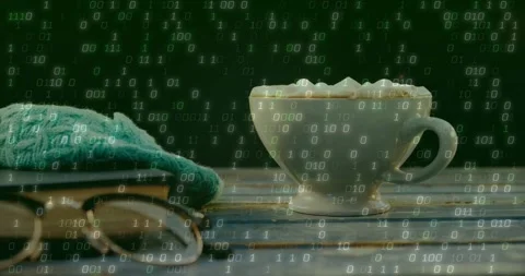 3D render white cup holding whipped cream, overlaying binary code on table, teal Stock Footage 328354875