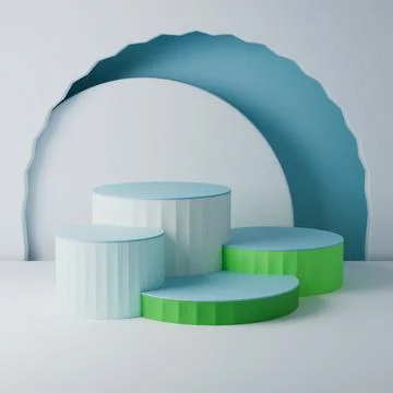 3D render: White cylinder podiums set inside a subtle gray arc structure Illustrazione stock