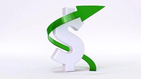 3d render of a white dollar sign with a green growing up arrow on a white bac Stock Illustration