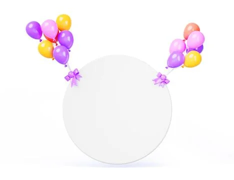 3d render white empty round banner frame flying on colorful air balloons Illustrazione stock