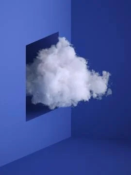 3d render, white fluffy cloud flying out the window, hole in the wall. Stock Illustration