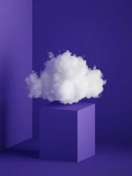3d render, white fluffy cloud above the cube pedestal, square podium Stock Illustration