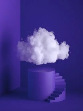 3d render, white fluffy cloud above the cylinder pedestal, spiral stairs. Stock Illustration