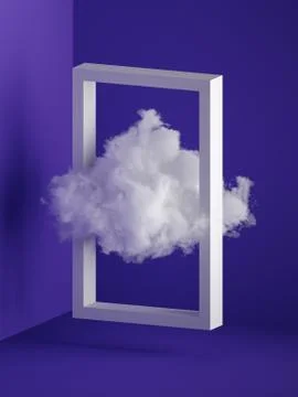 3d render, white fluffy cloud flying through the rectangular frame. Stock Illustration