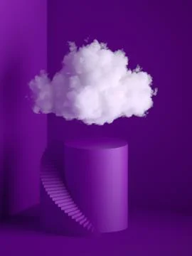 3d render, white fluffy cloud above the cylinder pedestal, spiral stairs Illustrazione stock
