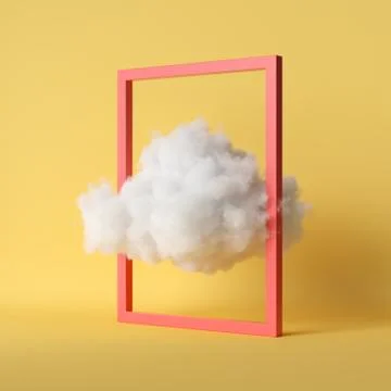 3d render, white fluffy cloud flying through the rectangular red frame. Stock Illustration