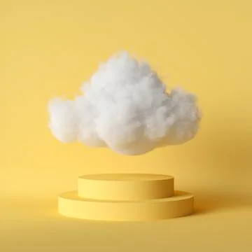 3d render, white fluffy cloud flying above the cylinder pedestal, stairs Stock Illustration